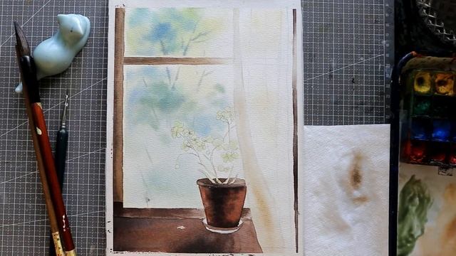 How to paint sunlight through window and curtain in watercolor. смотреть онлайн