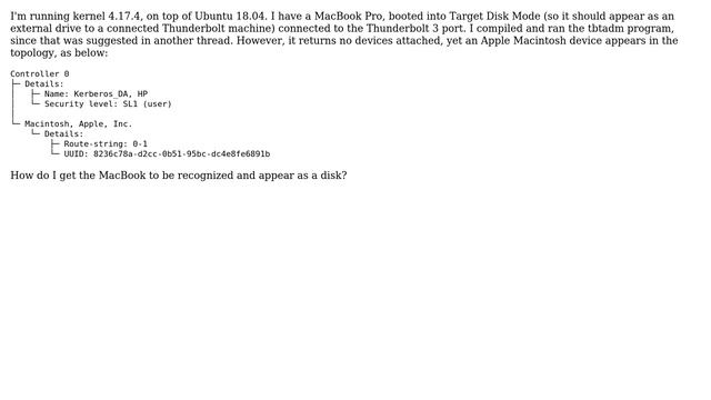 Linux not recognizing MacBook Pro in target disk mode connected over Thunderbolt смотреть онлайн