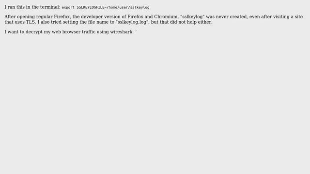 Ubuntu: Firefox not creating sslkeylog file after setting SSLKEYLOGFILE variable смотреть онлайн