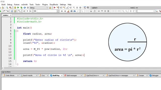 Calculate Area of a Circle using math.h library: C смотреть онлайн