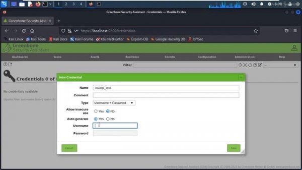 how to configure credentials for scan testing in openvas tool in kali linux