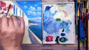 Набережная у моря. Как нарисовать пейзаж АКРИЛ! Мастер-класс ДЕМО