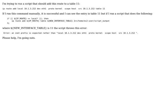 ip route add works manually but throws "Error: an inet prefix is expected rather than ..." when... смотреть онлайн