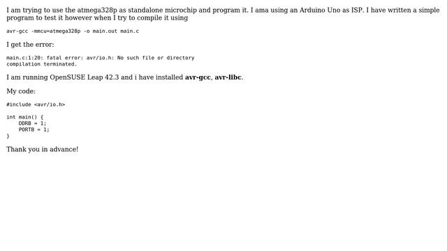 Arduino: avr/io.h No such file or directory error when compiling using avr-gcc смотреть онлайн