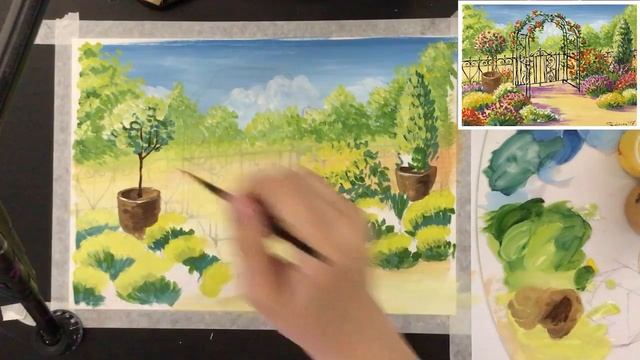 «Пейзаж. Цветочная калитка» как нарисовать ГУАШЬ | Сезон 2-8 |Мастер-класс для начинающих смотреть онлайн