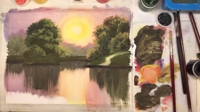 «Пейзаж. Вечер на озере» как нарисовать ГУАШЬ | Сезон 4 -7 |Мастер-класс ДЕМО смотреть онлайн