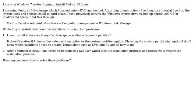 No free disk space while installing Fedora 15 смотреть онлайн