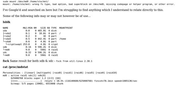 Unable to Mount RAID1 md0 - wrong fs type, bad option, bad superblock on /dev/md0, missing codepage смотреть онлайн