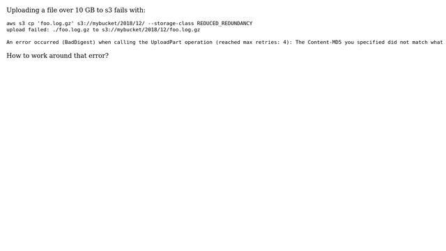 How to fix awscli s3 error "The Content-MD5 you specified did not match what we received"... смотреть онлайн