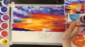 «Пейзаж. Закат Море. Афремов» как нарисовать ГУАШЬ | Сезон 2-6 |Мастер-класс для начинающих