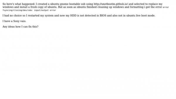 Error fsyncing/closing/dev/sda: input/output error - hdd not detected in BIOS after this error