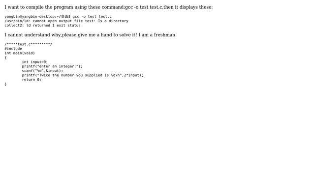 Ubuntu: Cannot open output file test: Is a directory collect2: ld returned 1 exit status смотреть онлайн