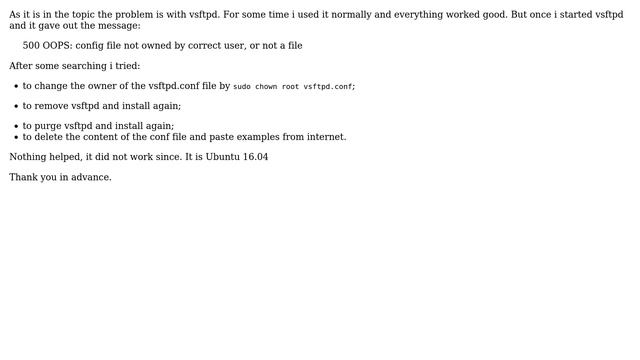 Ubuntu: vsftpd: 500 OOPS: config file not owned by correct user, or not a file смотреть онлайн
