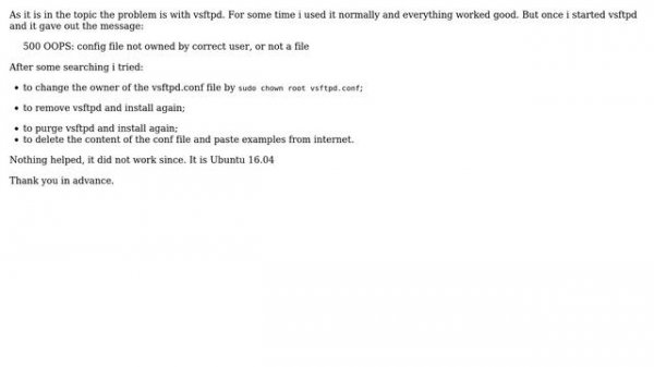Ubuntu: vsftpd: 500 OOPS: config file not owned by correct user, or not a file