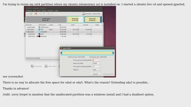 Ubuntu: Can't resize existing partition with gparted смотреть онлайн