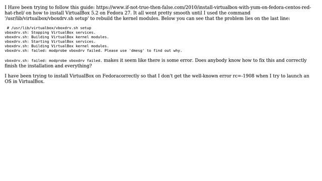 VIRTUALBOX INSTALLATION - 'modprobe vboxdrv failed' after trying to rebuild kernel modules смотреть онлайн