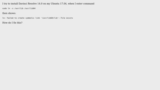 sudo ln -s /usr/lib /usr/lib64 ln: failed to create symbolic link '/usr/lib64/lib': File exists смотреть онлайн