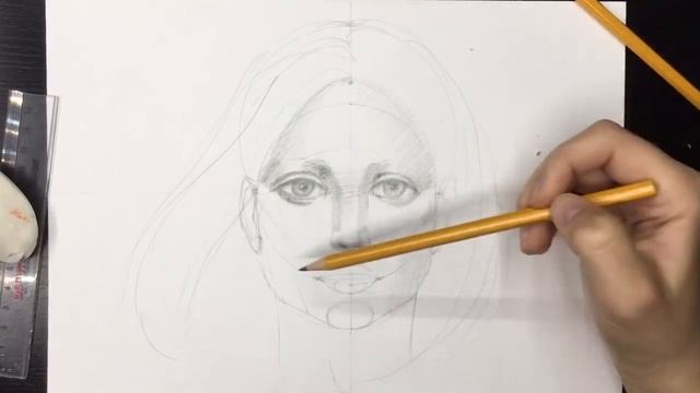 ПОРТРЕТ в АНФАС Как нарисовать .Рисование для начинающих, простой карандаш. Построение лица в фас. смотреть онлайн