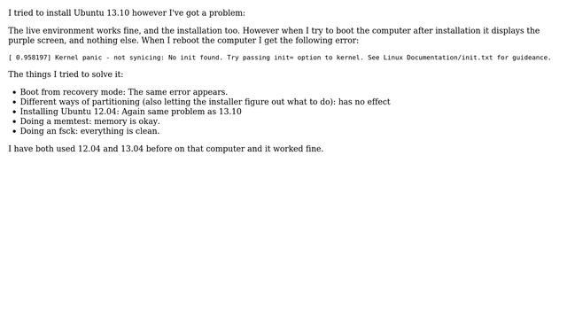 `Kernel panic - not synicing: No init found` while installing any version of Ubuntu смотреть онлайн