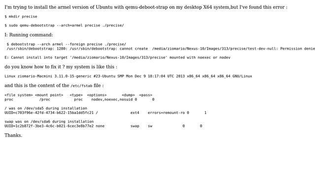 Ubuntu: Cannot install into target mounted with noexec or nodev while doing qemu-deboot strapping смотреть онлайн