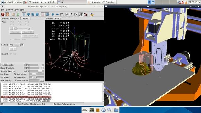 5 axis head-head vismach simulation (Kinematics LinuxCNC & Fusion360 NC code) смотреть онлайн