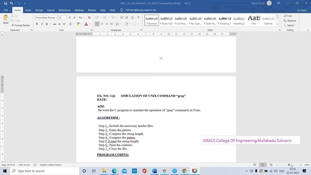 GRACE COE – CSE – CS8461 – OPERATING SYSTEM LABORATORY – EX NO 3 – SIMULATION OF UNIX COMMANDS смотреть онлайн