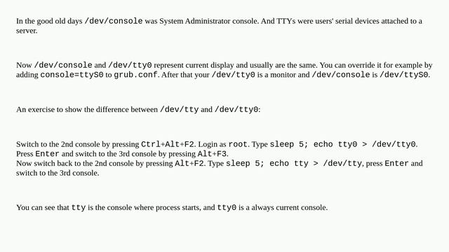 Linux: Difference between /dev/console , /dev/tty and /dev/tty0 смотреть онлайн