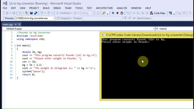 Pounds to Kg Calculator C++ Code (Visual Studio) смотреть онлайн