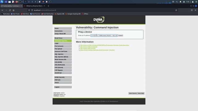 DVWA Reverse shell trough command line injection смотреть онлайн