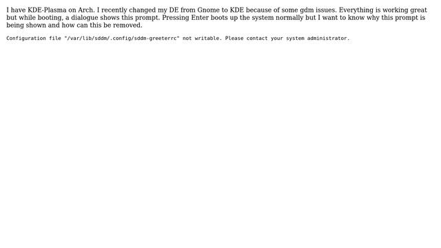 Configuration file "/var/lib/sddm/.config/sddm-greeterrc" not writable is displayed when booting... смотреть онлайн