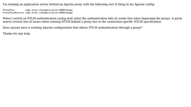 Apache configuration to make NTLM authentication work through a Proxy смотреть онлайн