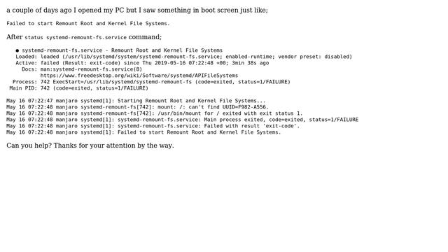 Manjaro Failed to start Remount Root and Kernel File Systems смотреть онлайн