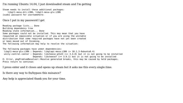 Ubuntu: Steam needs to install addition packages libgl1-mesa-dri:i386 and glx:i386 смотреть онлайн