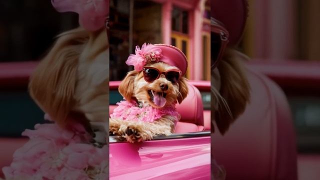 Dog in pink hat and sunglasses rides in convertible. #dreamyai, #aidreams смотреть онлайн