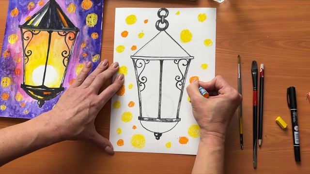 Рисуем фонарик акварелью и масляной пастелью. Рисование для детей и взрослых. смотреть онлайн