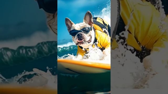 Dog on a surfboard wearing sunglasses. #dreamyai, #aidreams #cute смотреть онлайн