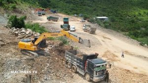 Massive Excavator Digging Mountain Loading Stone On Dump Truck Bulldozer CAT D8T Excavator CAT 374F