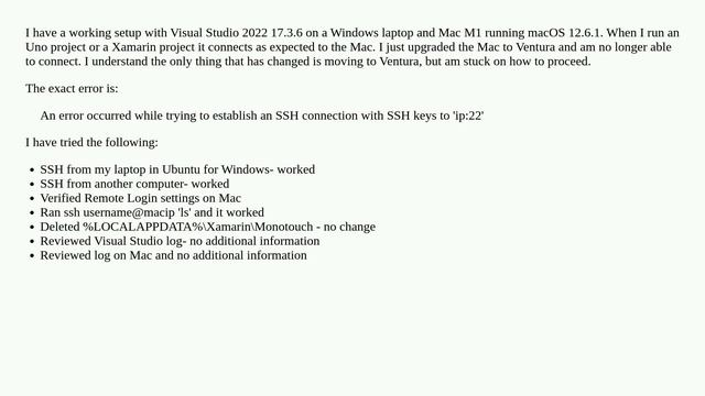 Visual Studio 2022 won't connect via SSH on macOS after upgrading to Ventura смотреть онлайн