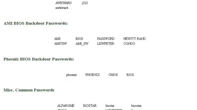 Backdoor Passwords For BIOS