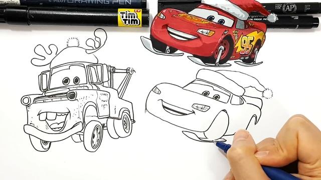 How To Draw Reindeer Mater And Santa Lightning McQueen Flying In The Sky Cars Drawing For Kids