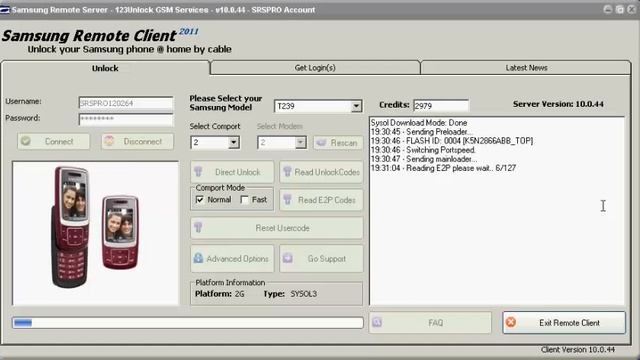 Samsung T239 unlock codes reading by Simlock Remote Server смотреть онлайн