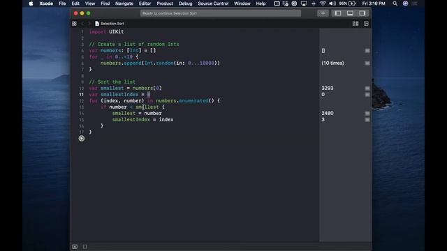 Implementing Selection Sort Tutorial - Swift - Playgrounds - Xcode смотреть онлайн