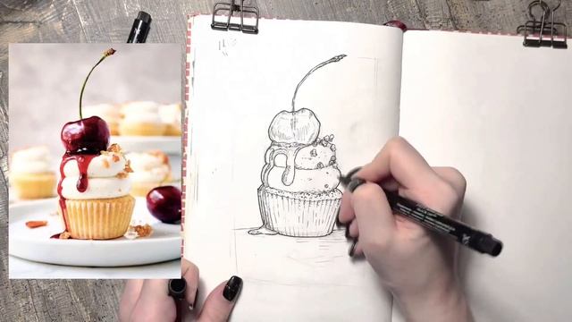 Видеоурок "Food-скетчинг. Рисуем еду. Кекс" смотреть онлайн