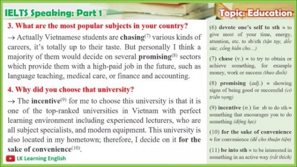 [IELTS] Speaking Part 1 - Topic: EDUCATION (Questions & Model Answers)