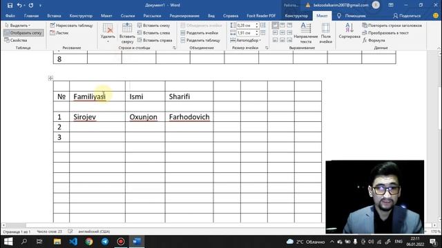 6-dars. MS Word Dasturida Jadvallar Bilan Ishlash. Jadvallar Ustida Amallar.