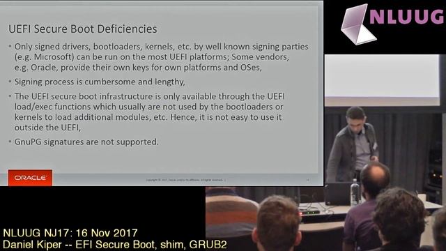NLUUG NJ17 - 03 - Daniel Kiper -- EFI Secure Boot, shim, GRUB2 смотреть онлайн