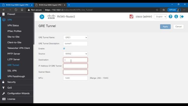 Cisco RV345 configuring unencrypted GRE tunnel смотреть онлайн
