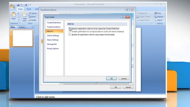 Microsoft® PowerPoint 2007: View or change add-in security settings on Windows® 7 смотреть онлайн