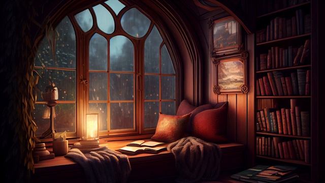 Cozy Reading Nook Ambience : Rain on Window Sounds, Crackling Fire ~ 2HOURS смотреть онлайн