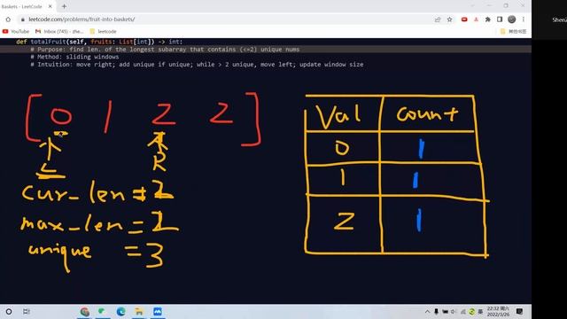 Leetcode 904. Fruit Into Baskets. Sliding Window. Python. смотреть онлайн